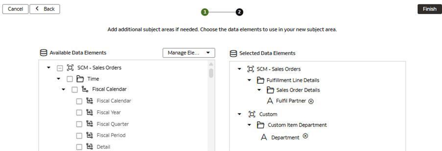The Modify a Subject Area – SCM - Sales Orders page displaying the selected data elements