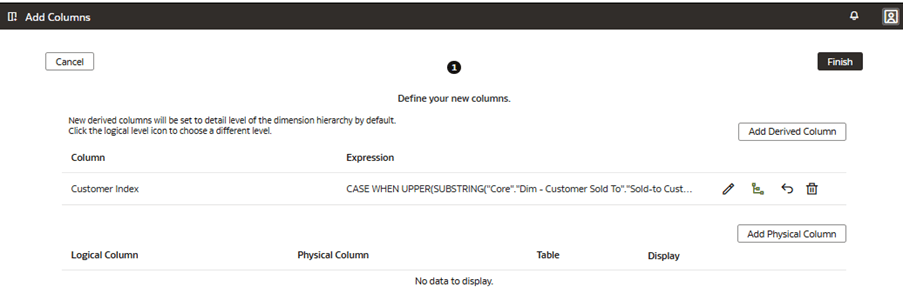 The Add Columns page displaying the Finish button The Add Columns page displaying the Finish button