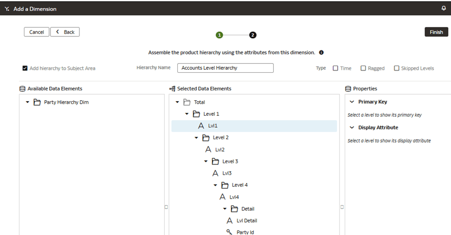 Step 2 of the wizard on the Add a Dimension page displaying how to assemble a hierarchy