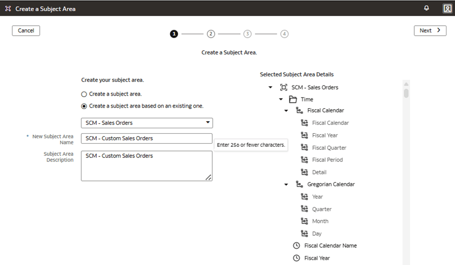 Step 1 of the wizard on the Create a Subject Area page
