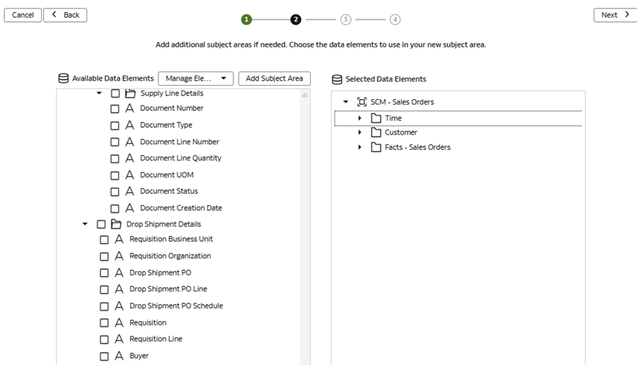 Step 2 of the wizard on the Create a Subject Area page displaying the selected data elements