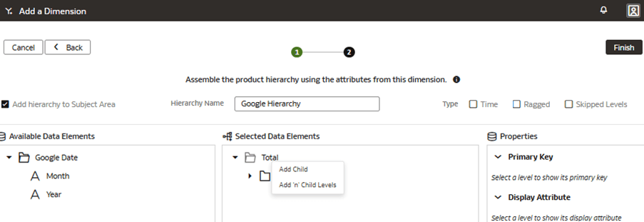 Step 2 of the wizard on the Add a Dimension page displaying the entered hierarchy name