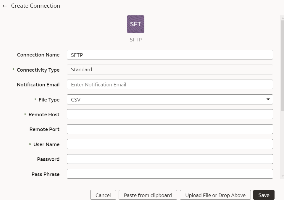 Create Connection for SFTP dialog