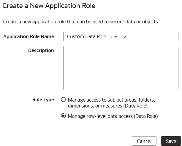 Create application role dialog Create application role dialog