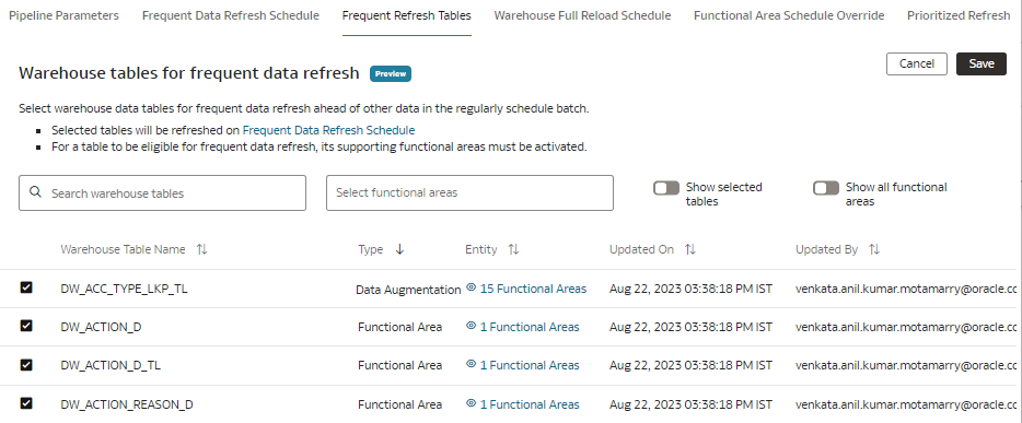 Frequent Refresh Tables tab