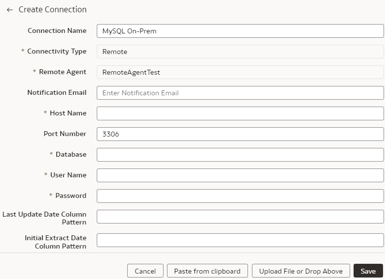 Create Connection for MySQL On-Prem dialog