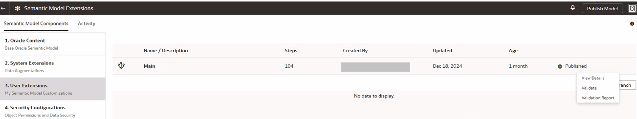 Validate option in the Action menu for the Main branch Validate option in the Action menu for the Main branch