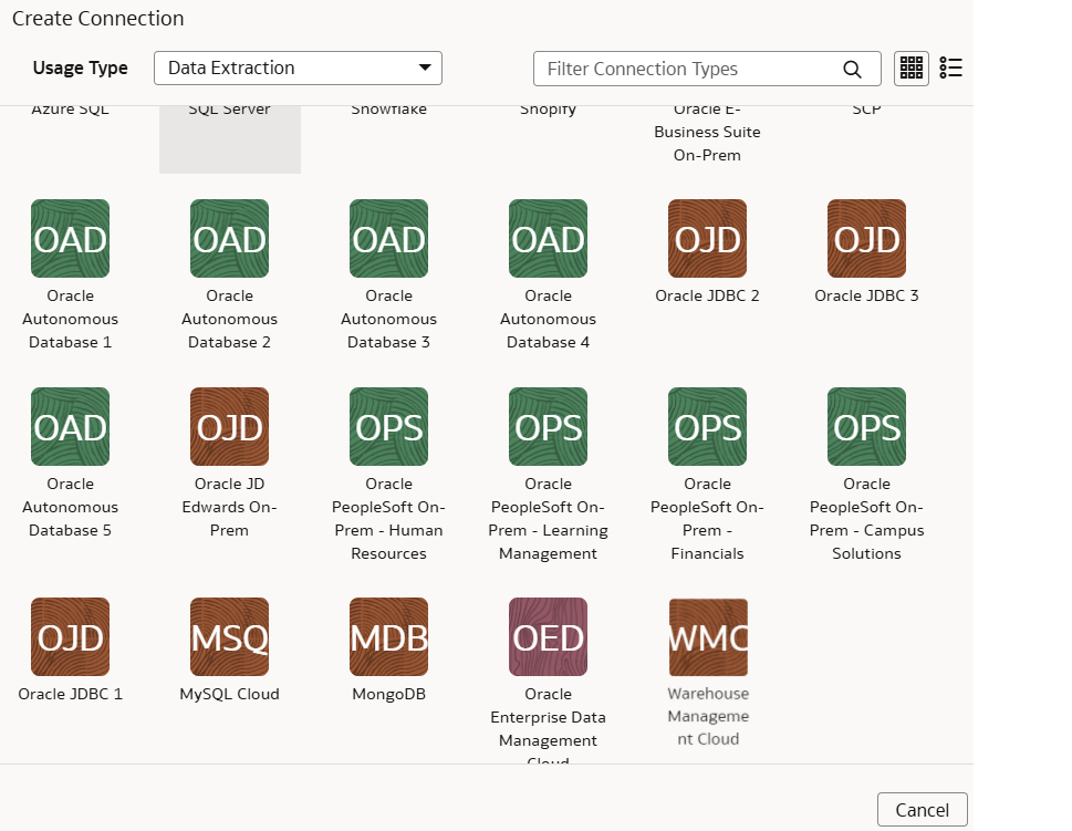 Oracle Warehouse Management Cloud connection option