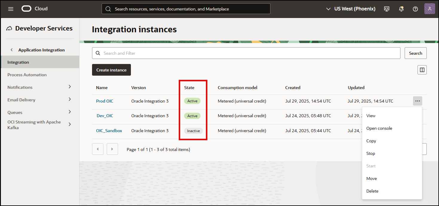 List of Oracle Integration instances showing active and inactive states