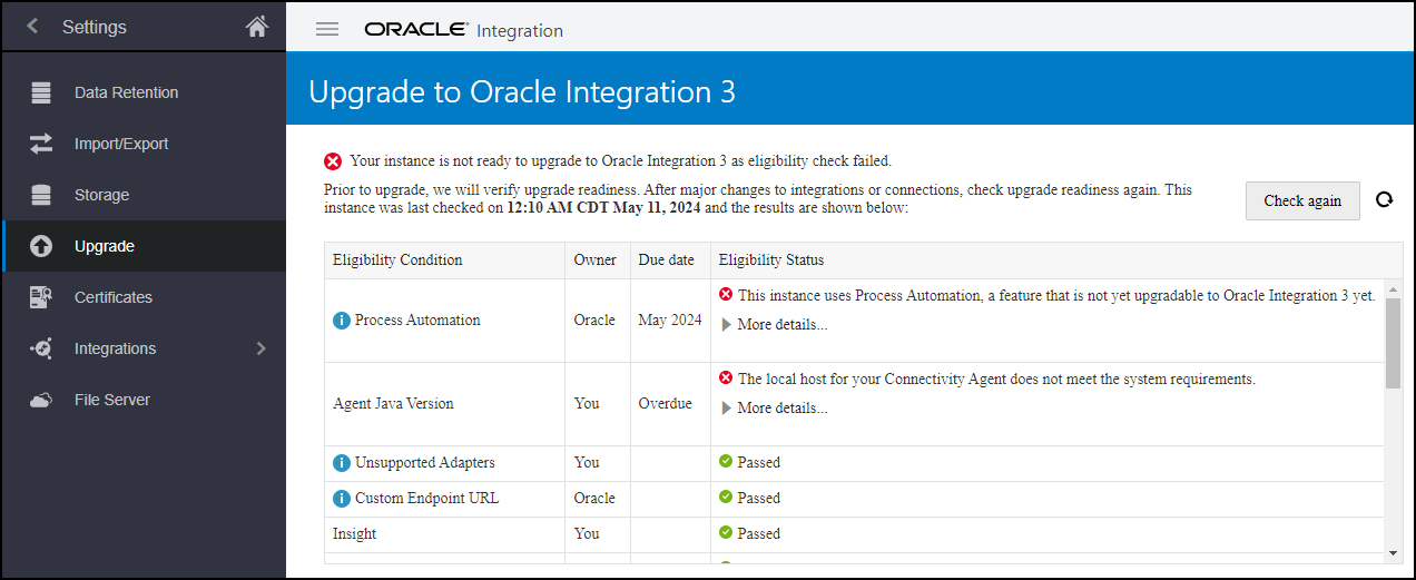 The screenshot shows the Upgrade page with a message indicating that the readiness check failed, followed by a list of eligibility conditions and their status. There is a Check again button to re-run the readiness check.