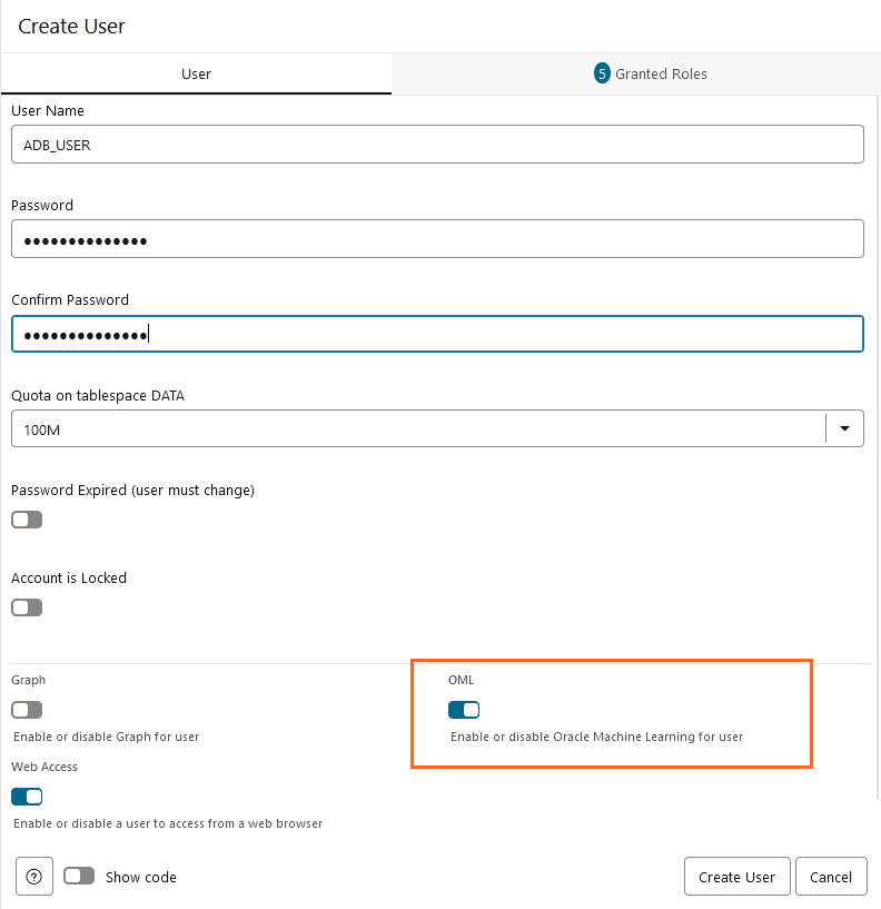 Description of adb_databaseactions_create_oml_user.png follows