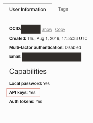 User Informationtab showing API Keys set to Yes.
