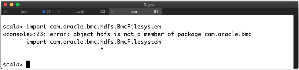 Screen shot showing the import command gave an error: object hdfs isn't a member of the package com.oracle.bmc