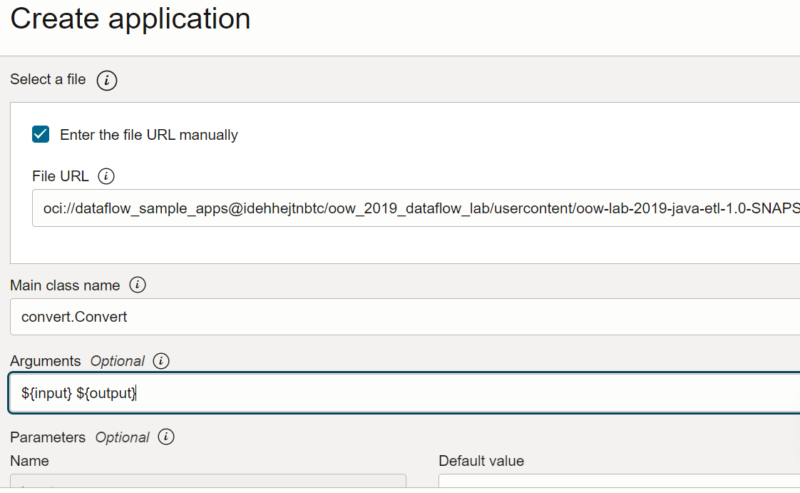 The Application page displayed with the Create Application pull-out over the right-hand side.The Application Configuration section is visible. At the top is a section called Select a file. A check box labeled Enter the file URL manually is seelcted. Next is a text field called File URL. It is populated with the path to the .jar file. Below is a text field called Main Class Name. It is populated with convert.Convert. Below is a text field called Arguments. It is populated with ${input} ${output}.