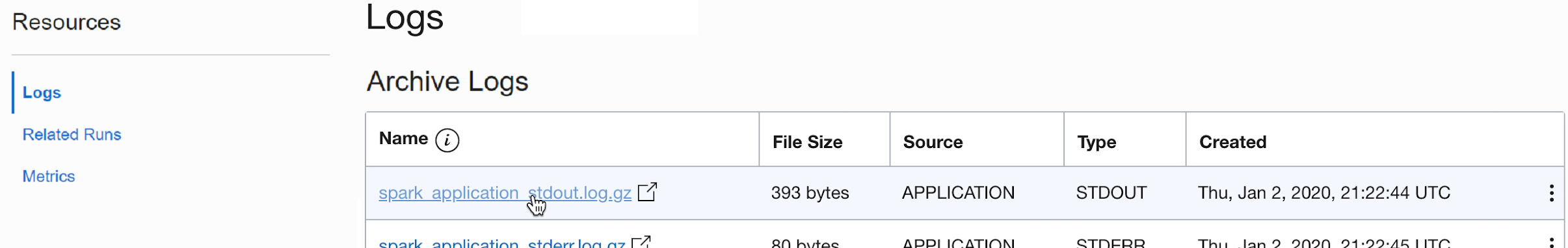 The bottom of the Run Details page. Below the details is a section labelled Logs. It lists the available log files in a table of five columns. The columns are Name, File Size, Source, Type, and Created. The two log files listed are stdout.log and stderr.log. To the left is a small section labelled Resources. It contains two links, Logs and Resources. Logs is selected. 