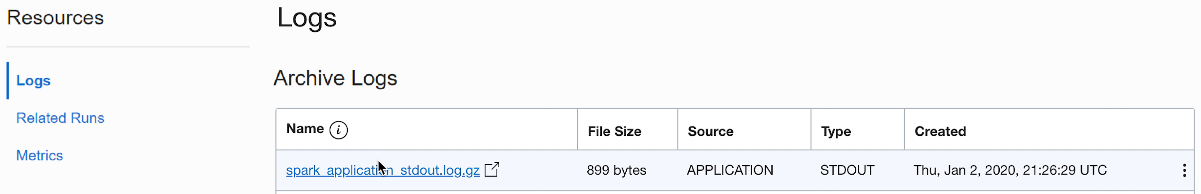 The bottom of the Run Details page. Below the details is a section labelled Logs. It lists the available log files in a table of five columns. The columns are Name, File Size, Source, Type, and Created. The two log files listed are stdout.log and stderr.log. To the left is a small section labelled Resources. It contains two links, Logs and Resources. Logs is selected. 