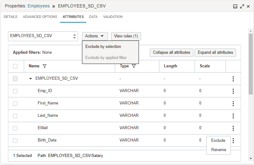 Attributes tab in Properties panel