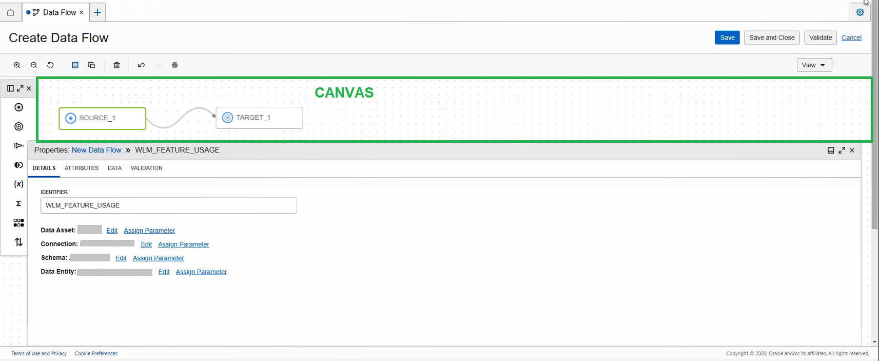 Data Flow designer with Canvas area highlighted