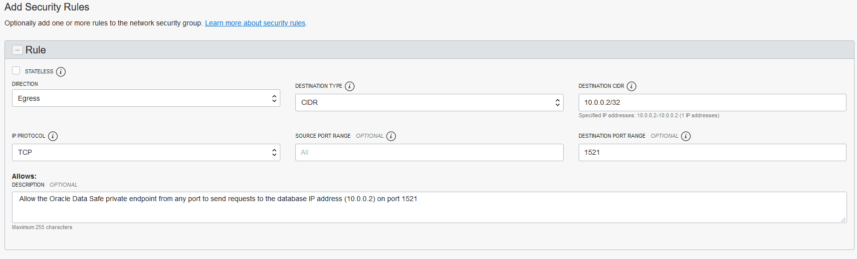 Egress rule for an on-premises Oracle database