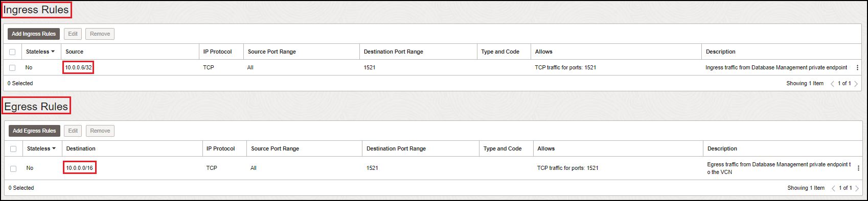 Security rules in a Security List to enable communication between a Database Management private endpoint and a Virtual Machine DB system's VCN