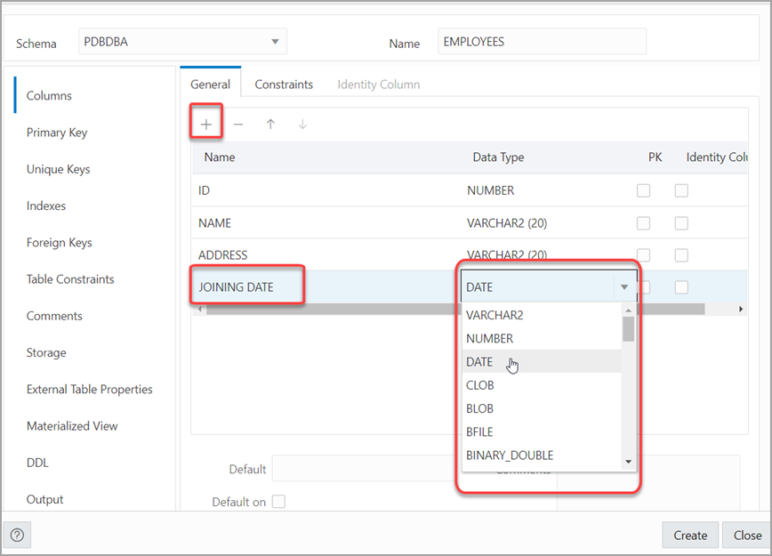 This image shows the General tab in the Columns pane in the Table Properties panel.