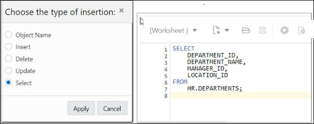 This image shows the SQL code that is generated for an object in the worksheet editor when the SELECT statement is selected.