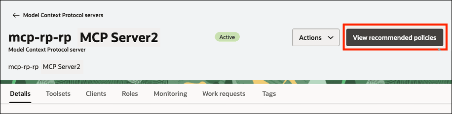 This image shows View recommended policies for a specific MCP server resource.