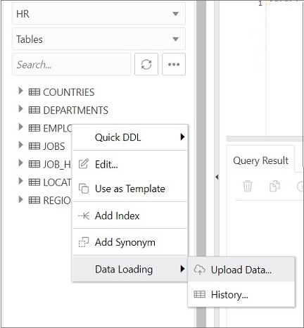 The image depicts the Upload Data option in the left pane for loading data to an existing table in SQL Worksheet.