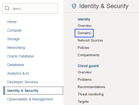 Identity & Security category showing Domains