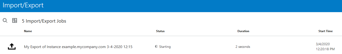 Import/export jobs status, including name, status, duration, and start time