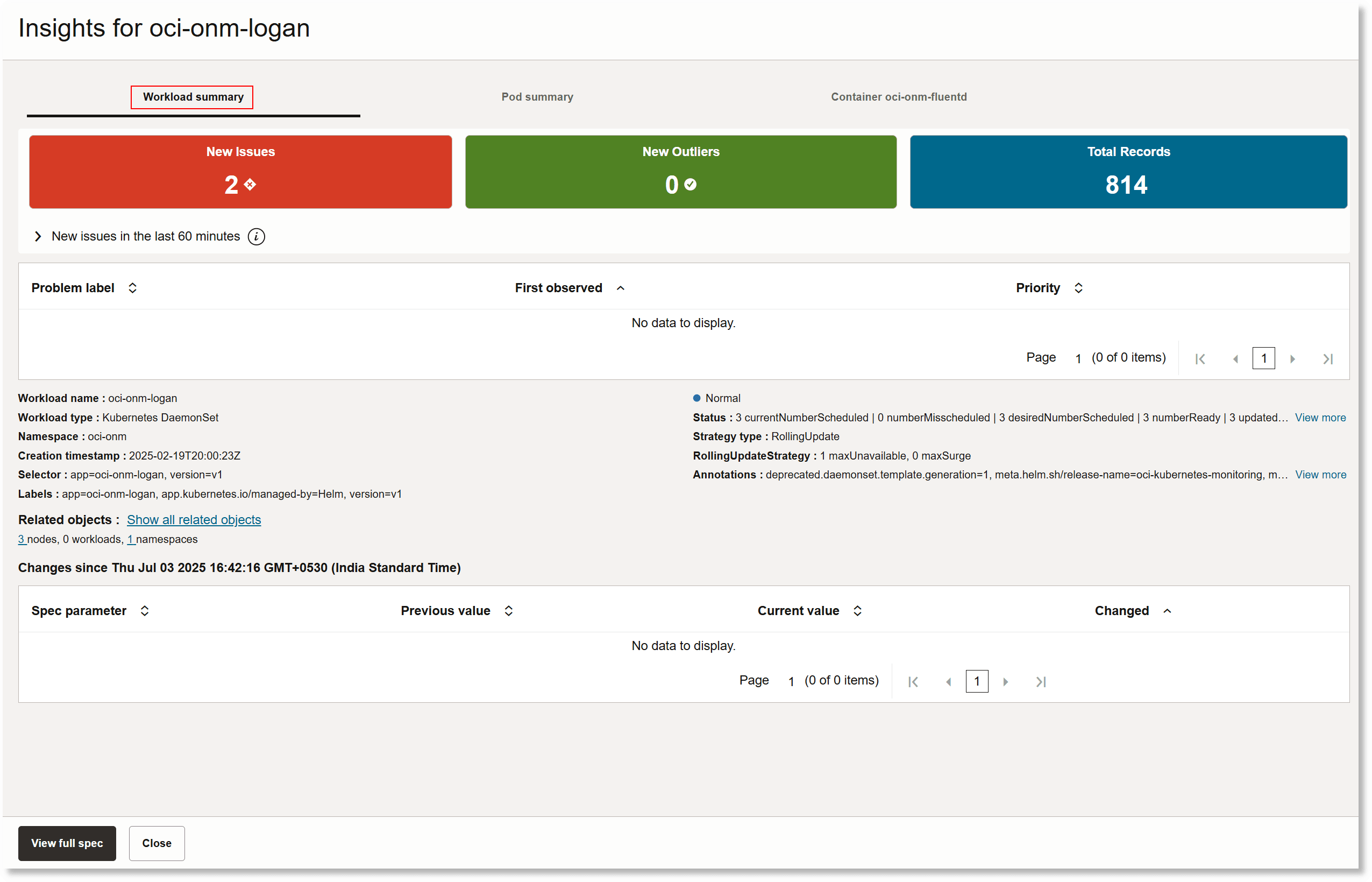 Workload insights dialog box showing the workload summary tab
