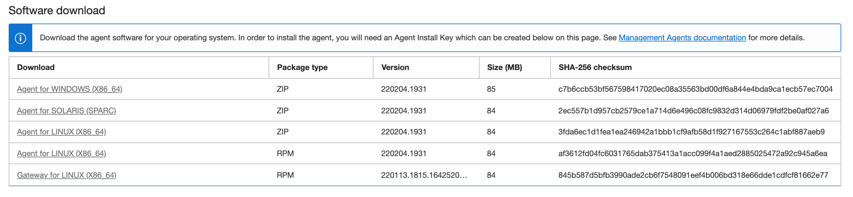 Software download page that shows the software download table with links to download the software file.