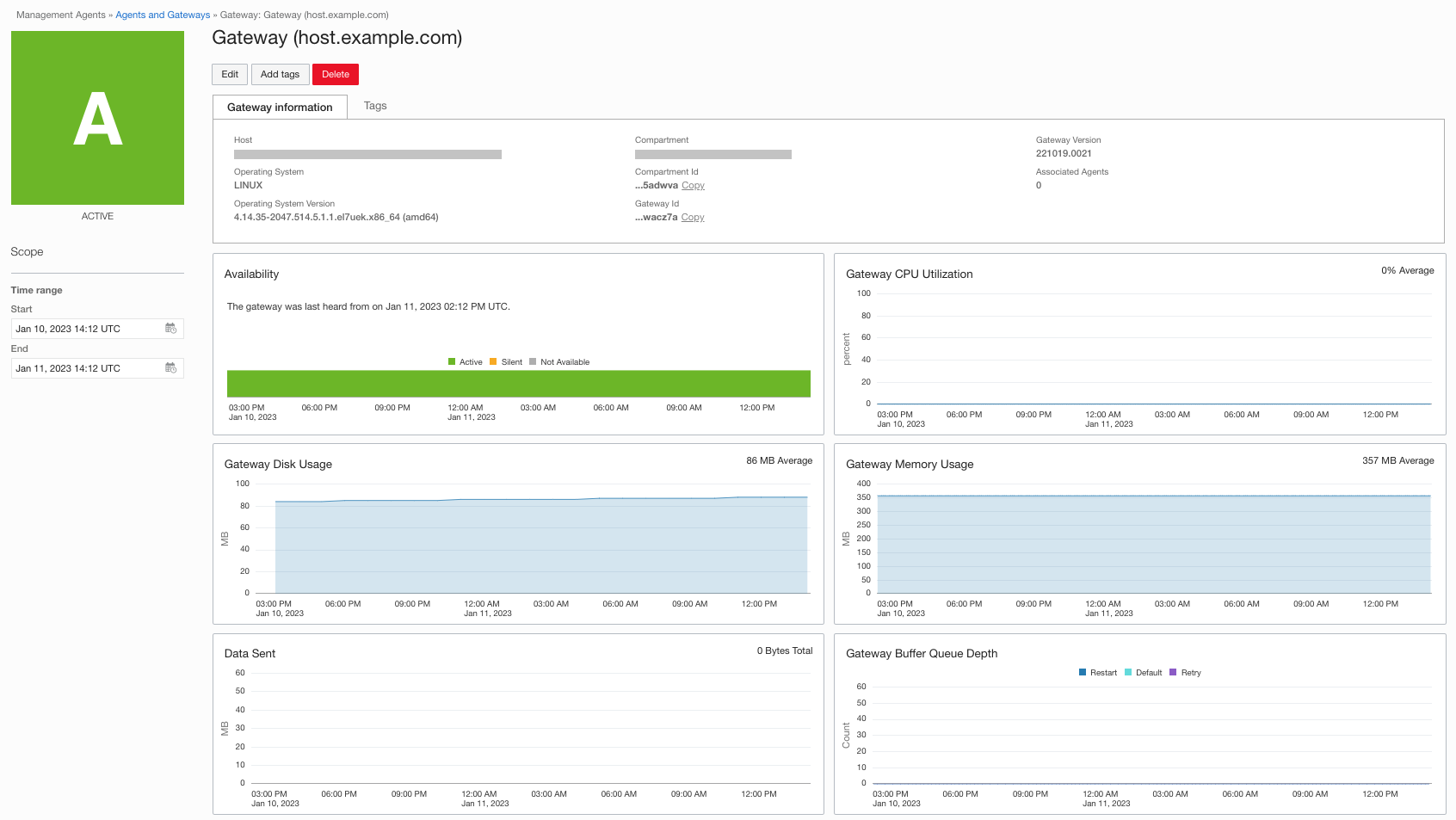 Gateway details page that shows information about a management gateway installed.