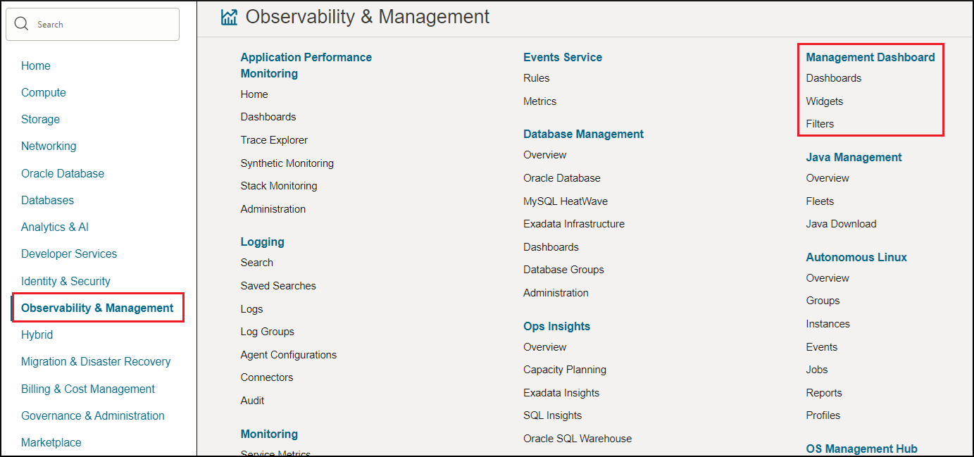 Management Dashboard in the Oracle Cloud Infrastructure console menu