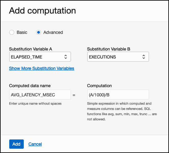 Graphic shows the Add computation dialog box. Graphic shows the Add computation dialog box.
