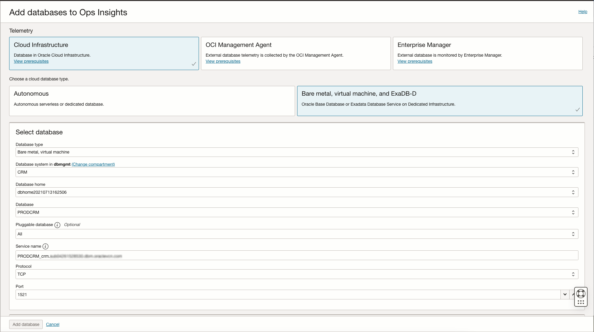 Add DB dialog with Bare Metal selected