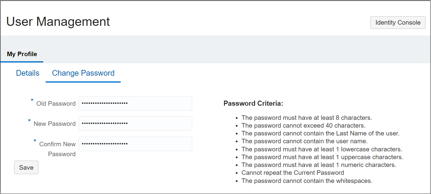 Click to expand The User Management change password page for the IDCS user