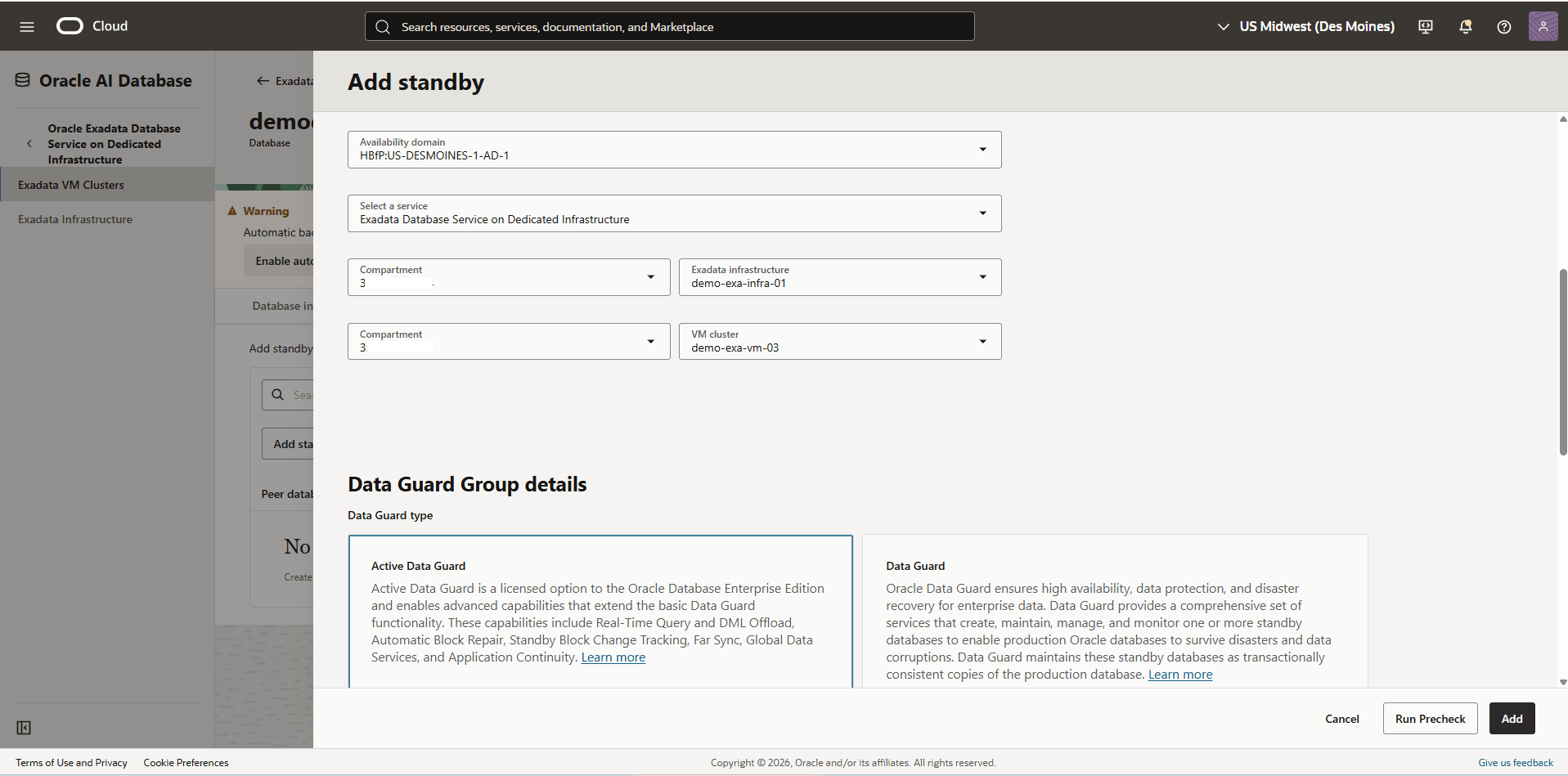 This screenshot shows how to add a standby database.
