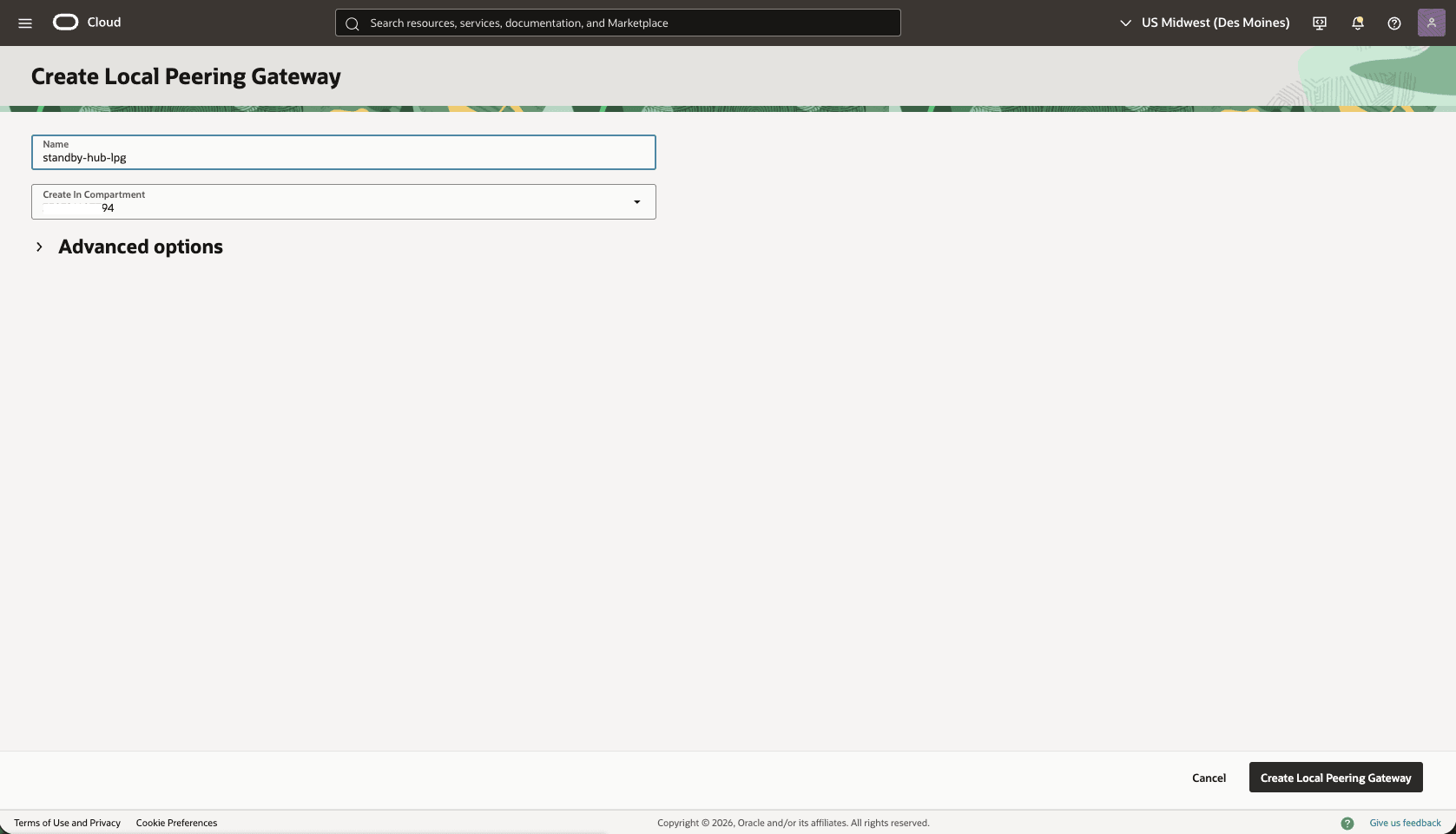 This screenshot shows how to configure the network in the standby region. This screenshot shows how to configure the network in the standby region.