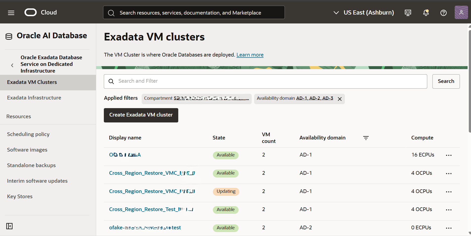 This screenshot shows the list of Exadata VM Clusters. This screenshot shows the list of Exadata VM Clusters.