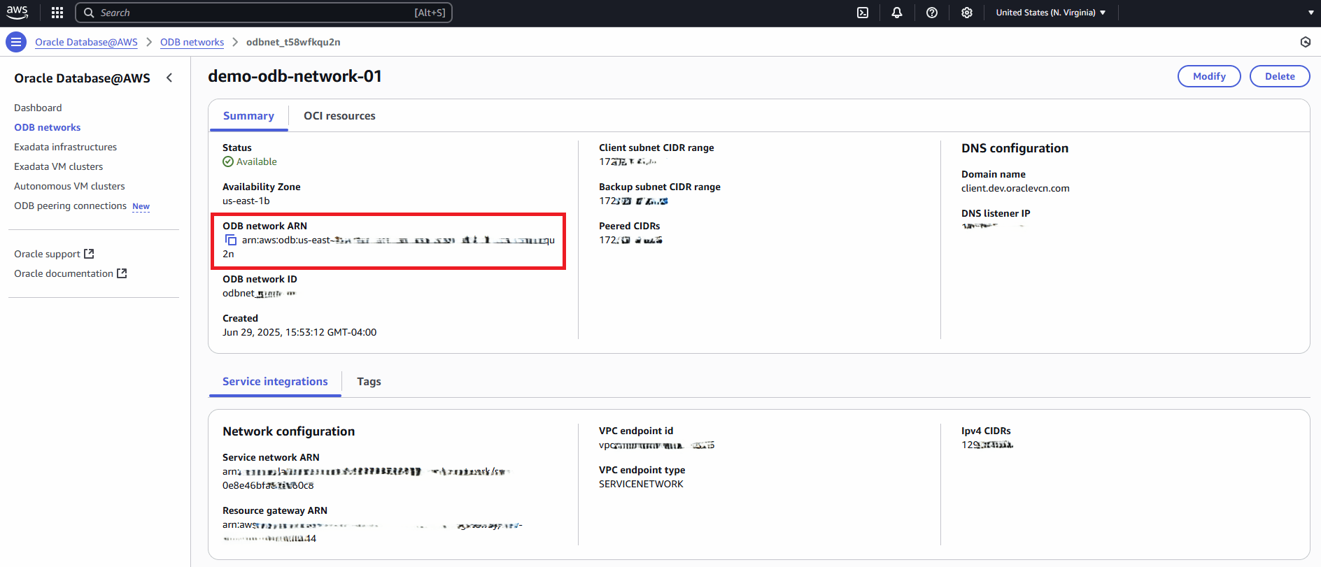 This screenshot shows the ODB network ARN. This screenshot shows the ODB network ARN.