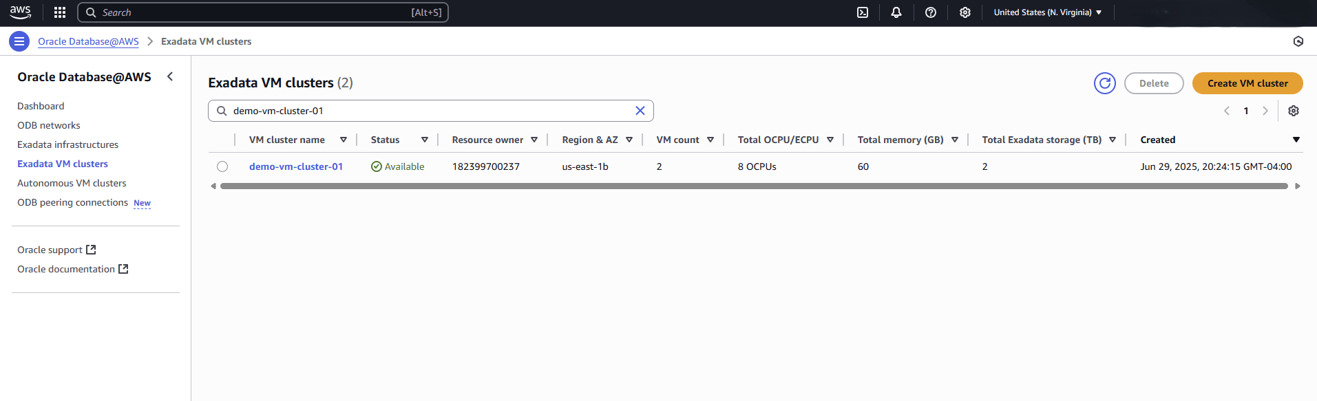 This screenshot shows the final part of creating an Exadata VM Cluster.