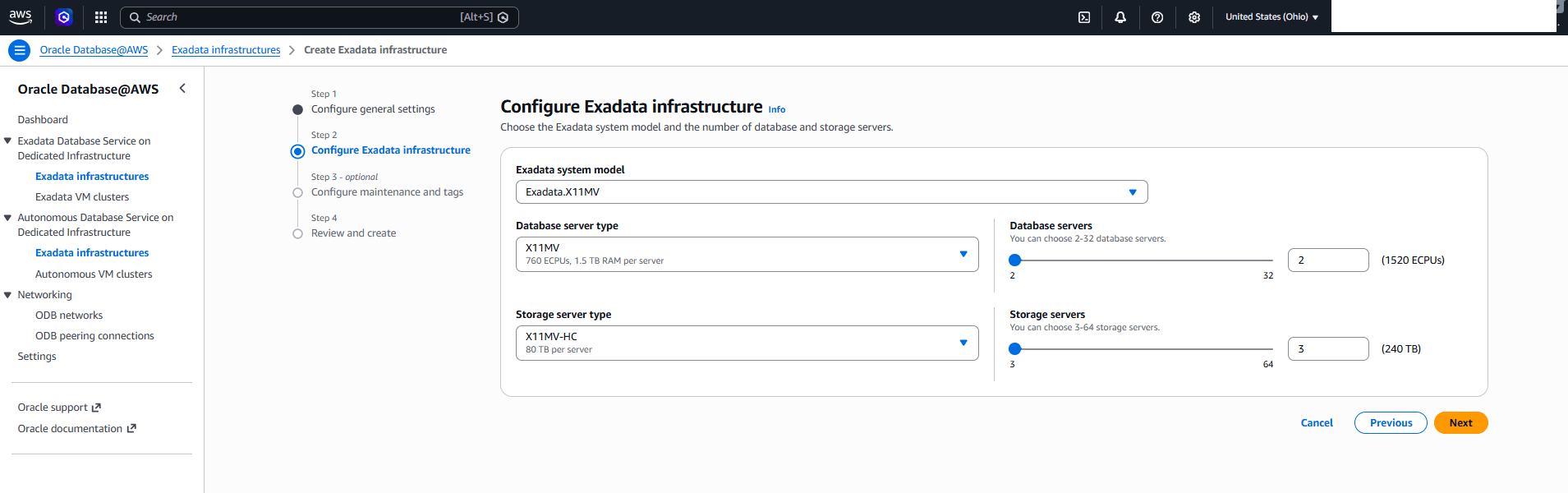 This screenshot shows the second part of creating an Exadata Infrastructure. This screenshot shows the second part of creating an Exadata Infrastructure.