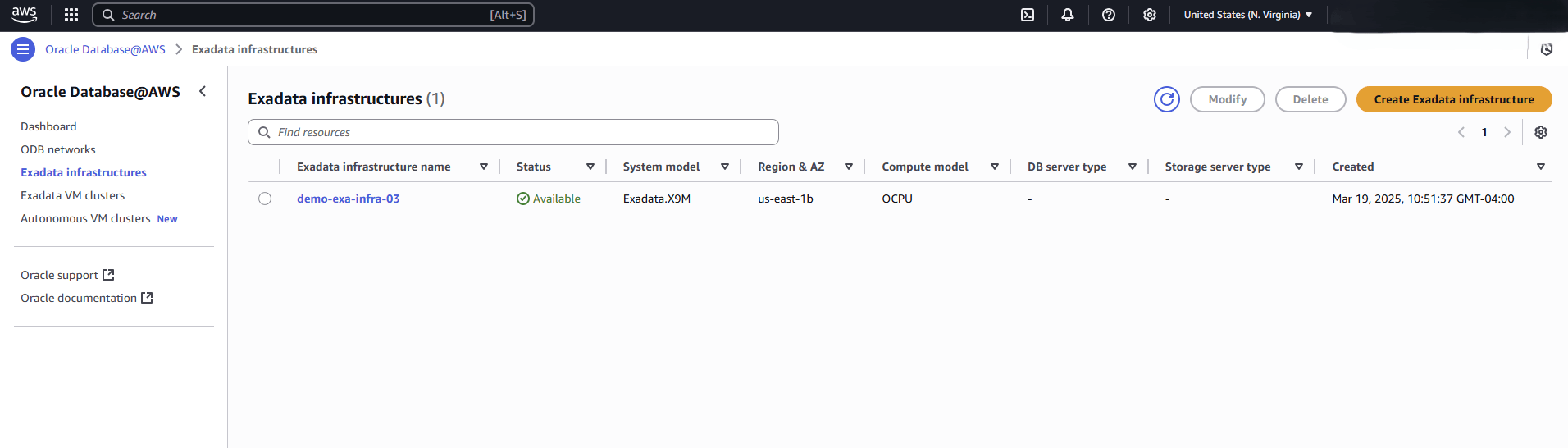 This screenshot shows the last part of creating an Exadata Infrastructure. This screenshot shows the last part of creating an Exadata Infrastructure.