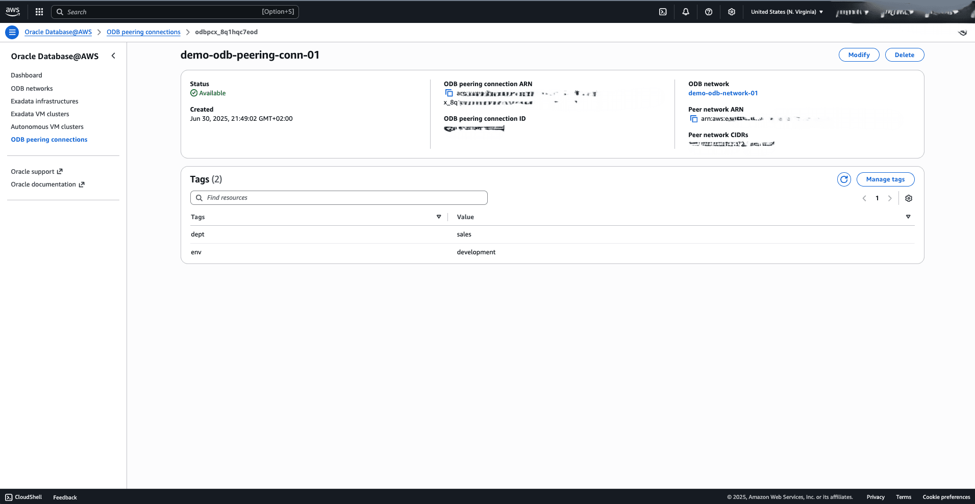 This screenshot shows how to modify an ODB peering connection. This screenshot shows how to modify an ODB peering connection.