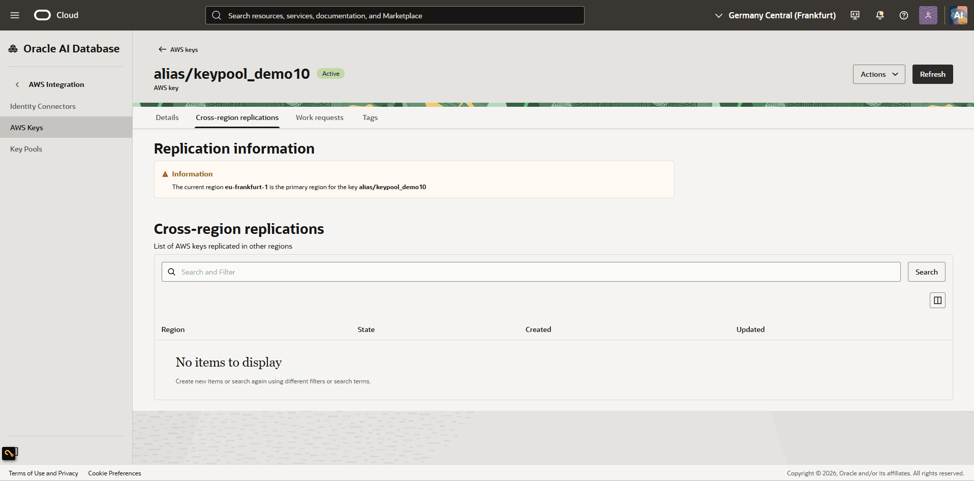 This screenshot shows how to enable cross-region replication for a key.