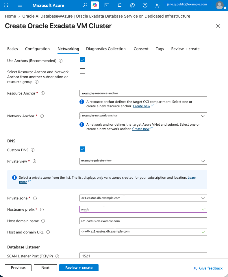 Click to expand The Networking tab shows Use Anchors and Custom DNS selected with a private view and the az1.eastus.db.example.com private zone.