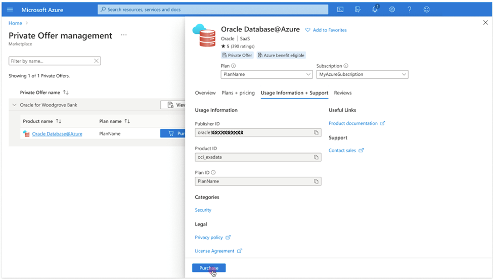 Click to expand An image of the Azure portal showing a user completing the purchase of a private offer by clicking the "Purchase" button.