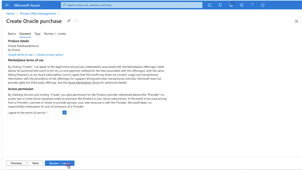 Click to expand An image of the Azure portal showing the Consent tab of the Create Oracle purchase page in an Azure Marketplace Private Offer.