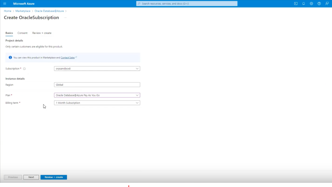 Click to expand An image of the Azure portal showing the "Basics" tab of the Create OracleSubscription resource in the Marketplace product purchase work flow.